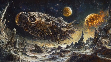 A mechanical entity floating in space through the ruins of an ancient cosmic war