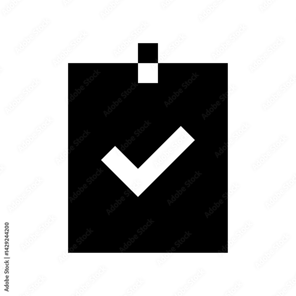 Poster black document with a white check mark indicating completion and a white tab at the top edge of the 