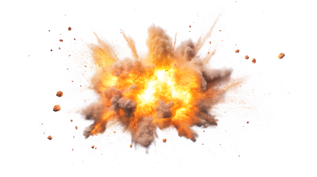 A large explosion is depicted in the image, with a lot of debris and smoke