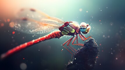 Naklejka premium Vibrant Red Dragonfly Macro Photography AI Art
