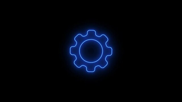 Glowing neon line gear cog icon, gear wheel icon, neon settings icon on black background. Cyan color gear wheel icon illustration on black background.