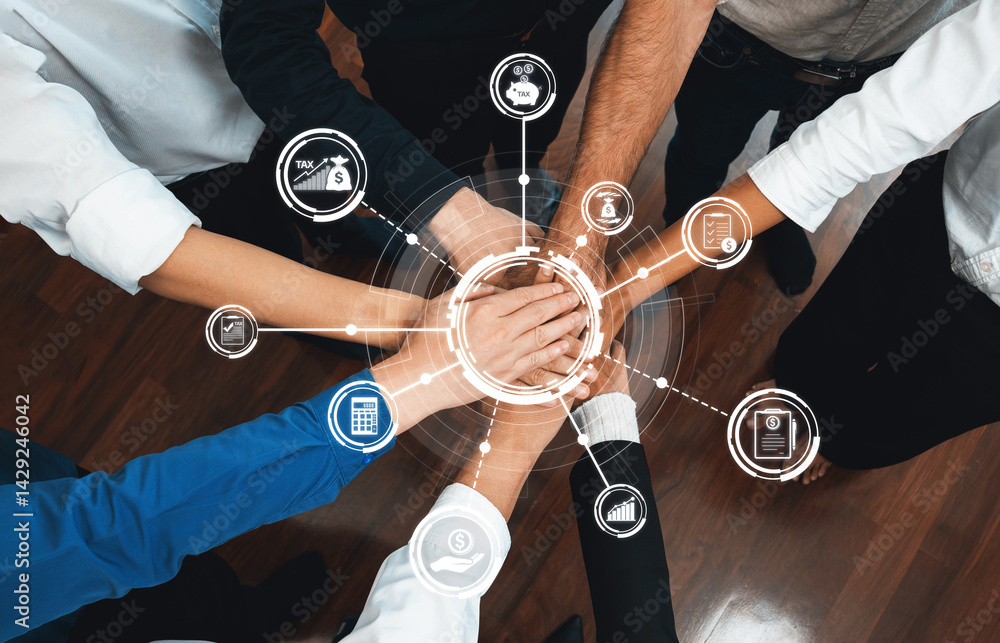 Poster group of diverse office worker join hand together in office room symbolize business synergy and stro