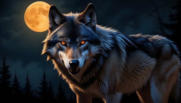 A wolf stands under a full moon in a dark forest, its glowing eyes captivating.