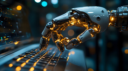 Robotic hand interacting with a keyboard, symbolizing assistive technology and digital integration