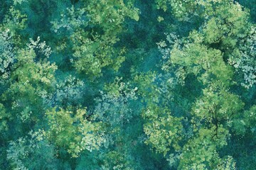 Lush forest canopy view from above.  A vibrant tapestry of green and teal foliage