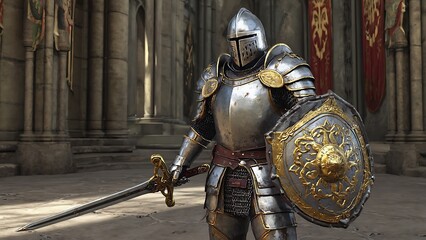 Medieval Knight in Castle Courtyard