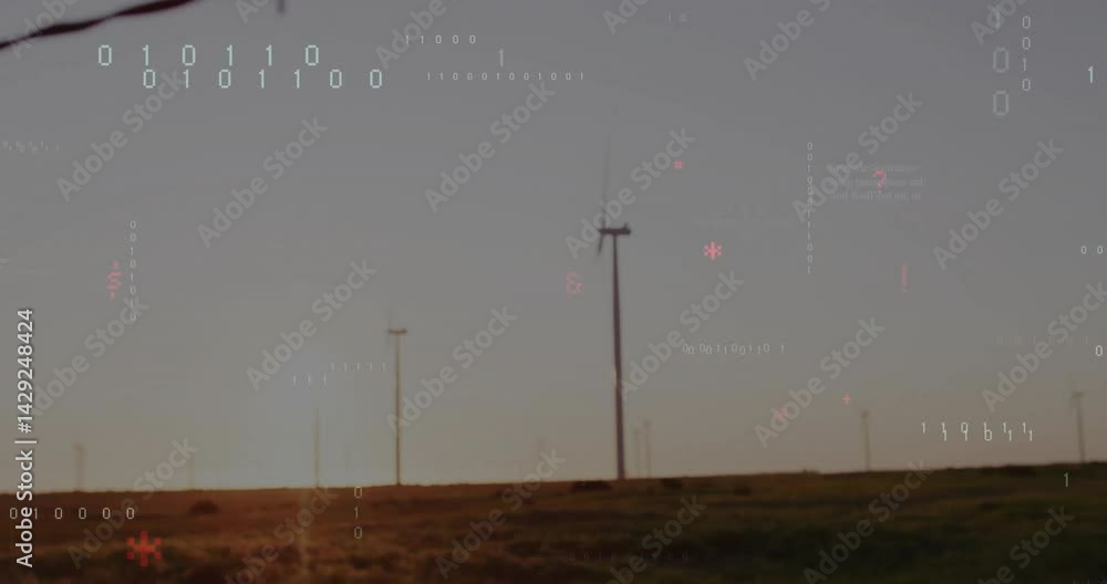 Poster wind turbine spinning over grassy plain at sunset, showing floating binary code and red symbols