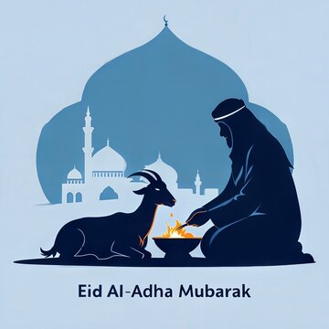 Silhouette of Man and Goat for Eid al-Adha Celebration. Eid Al-Adha Sacrifice Moment.