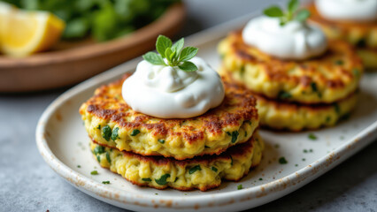 Delicious-looking Keto fried patties with a creamy topping served on a plate with green garnish, promoting healthy eating and keto diet choices.