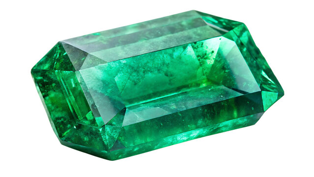 Emerald cut gemstone beautiful green beryl close up isolated on white background