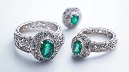 Classic vintage platinum jewelry set with oval emeralds and intricate engravings on earrings, necklace, and matching ring, isolate on white background