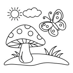 Cartoon Outdoor Scene with Mushroom, Butterfly, Sun, and Cloud Illustrations