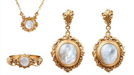 Antique-inspired gold jewelry set with cabochon moonstones and delicate floral designs on earrings, necklace, and ring, isolate on white background