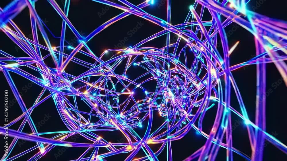 Poster a 3d animated background featuring futuristic optical fibers and electrical signals flowing through 