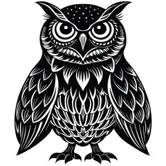 Wise Owl Black and White Vintage Line Art Design