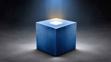 Illuminated blue cube on dark background