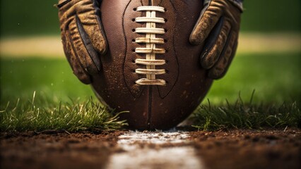 American Football Stadium Intensity A close-up of hands gripping a football on a wet field with grass and dirt.