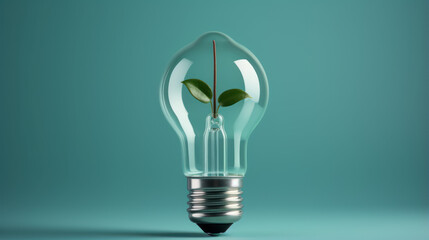 Eco Concept, Green Plant Growing Inside Light Bulb on Teal Background for Sustainability and Renewable Energy