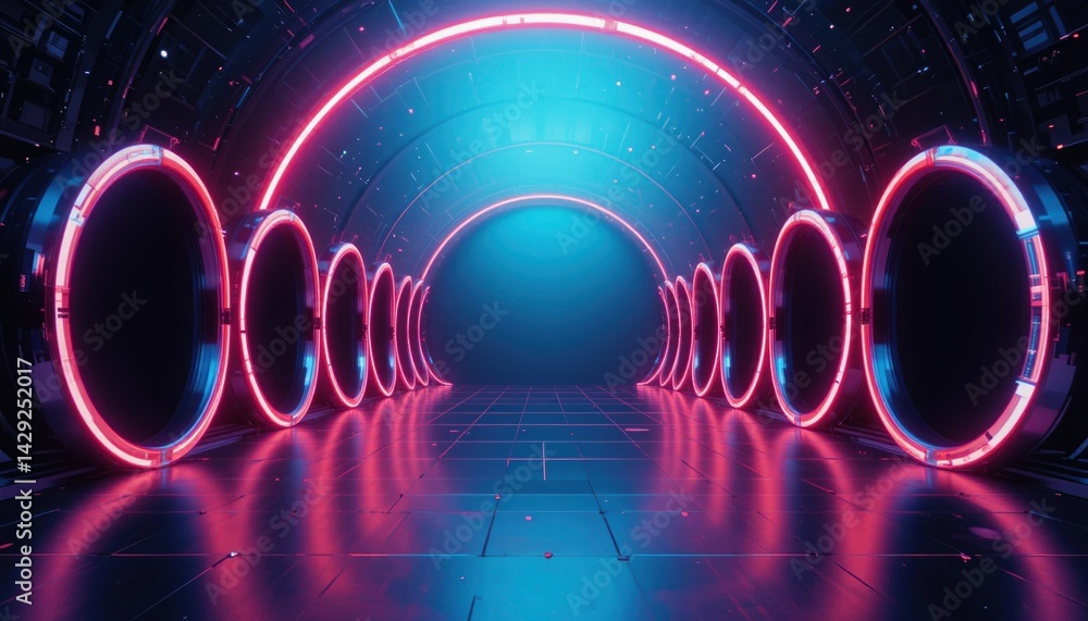 Poster dynamic neon tunnel experience futuristic environment digital art installation high-tech setting imm