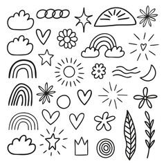 Simple White Background Doodle Icons with Rainbows