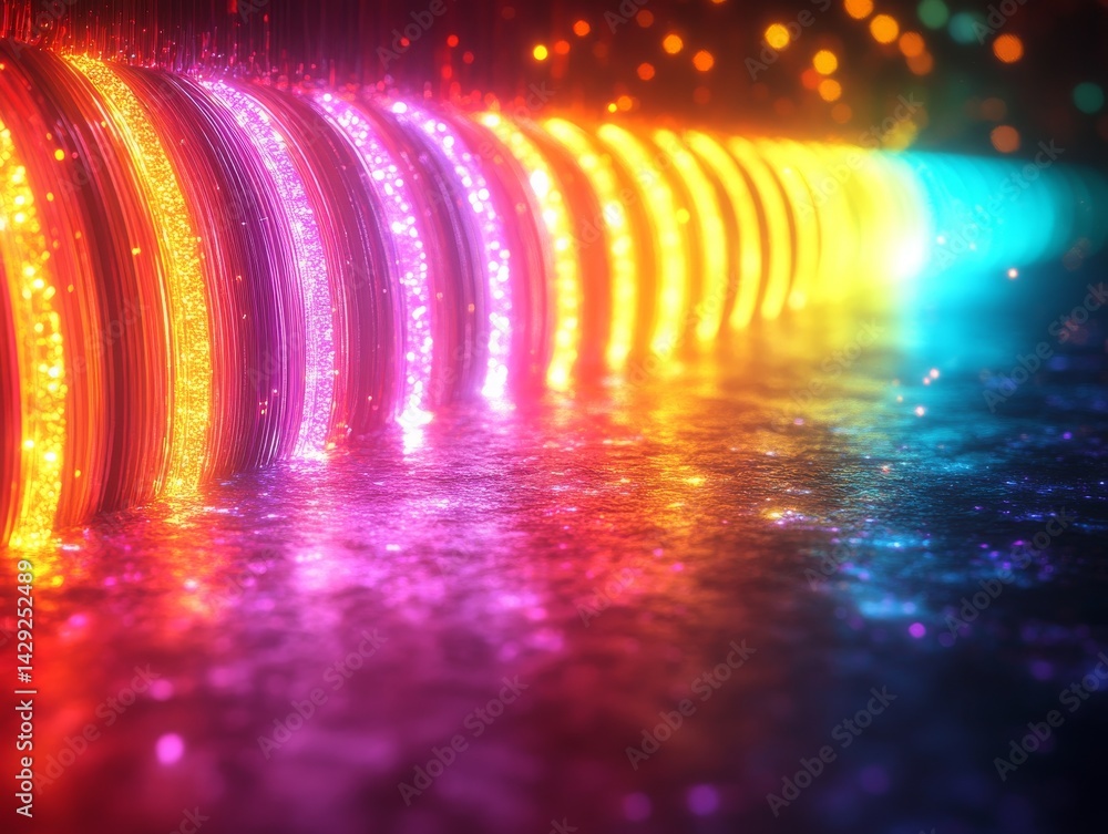 Aufkleber abstract rainbow conduit: glowing rings with sparkling reflections and bokeh lights in a vibrant col
