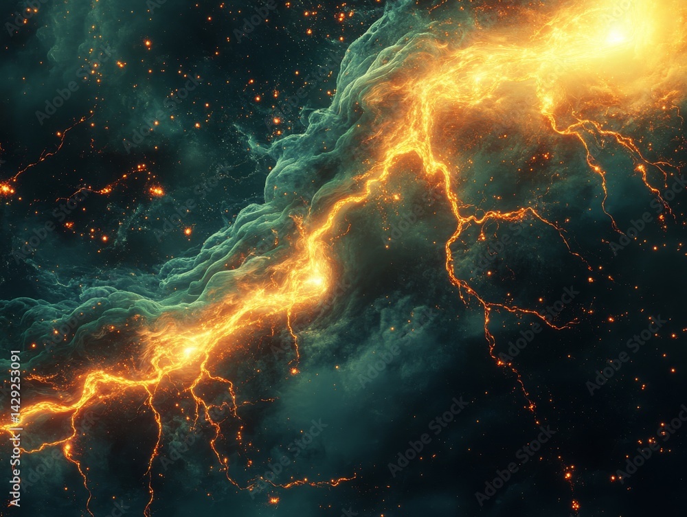 Poster epic cosmic lightning: nebulous galactic energy unveiling dynamic celestial firestorm and space phen