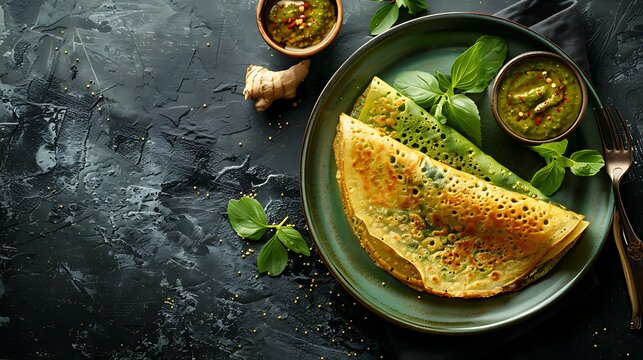 A green moong dal dosa, served with coconut chutney and ginger pickle with copyspace.
