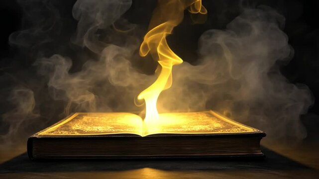Mystical Ancient Book with Glowing Flames and Smoke