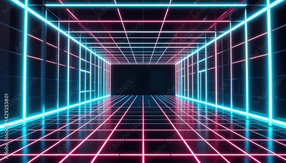 Poster dynamic light show with neon grids and futuristic vibes virtual space digital art sci-fi environment