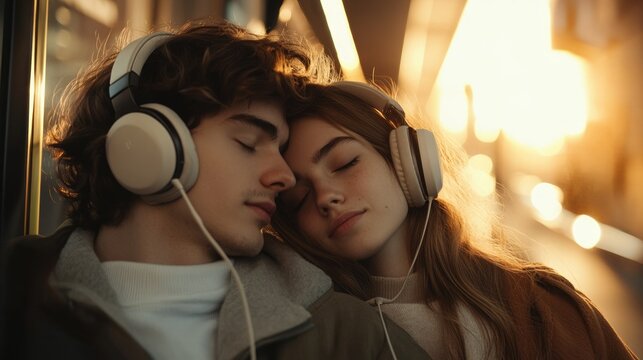 A young couple rests their heads together, eyes closed, listening to music through headphones on a public transport. - Powered by Adobe
