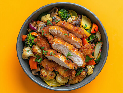 a overhead view shot of a bowl of roast capsicum zucchini broccoli cauliflower mushroom onion stirfry underneath a mound of crumbed homemade air fried chicken schnitzel slices, salt pepper and chopped