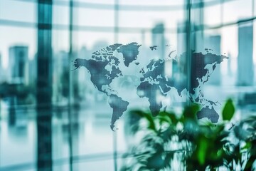 Global business network projected on modern office windows.  Abstract world map overlaid on blurred cityscape through glass