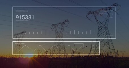 Transmission towers linking power lines while interface elements streaming data over dusk scene - Powered by Adobe