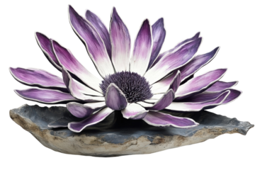 Exquisite purple handcrafted flower art piece detailed petals textured base against black on transparent background