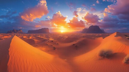 Stunning desert sunset panorama.  Vast sand dunes bathed in golden light as the sun dips below the horizon, against a dramatic sky of clouds