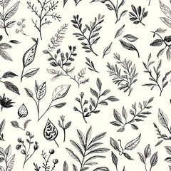 Black and White Botanical Seamless Pattern Line Art Leaves and Branches on Off White