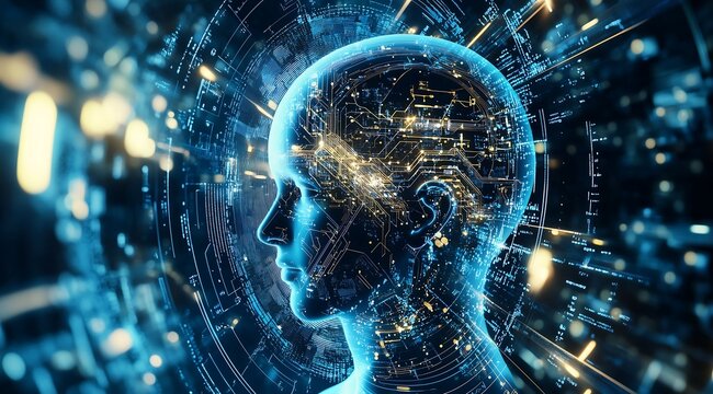 Digital AI Human Head with Glowing Circuitry and Data Streams in Futuristic Blue Style.Generative AI