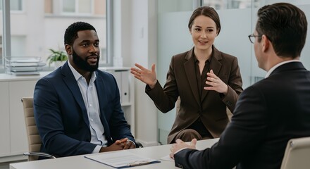 Office Interview: A close-up captures a professional office setting, where three individuals are engaged in a dynamic interview scenario, embodying focus, collaboration.