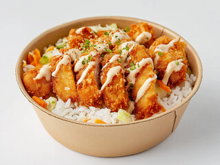 
Create a studio photograph of a cardboard bowl, on a white background. Inside the bowl: This image shows a delicious Asian-inspired rice bowl topped with crispy golden-brown breaded chicken cut into 