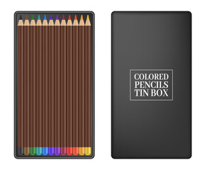 Set of 12 colored pencil. Black tin case. Coloring tools. School supplies. Drawing