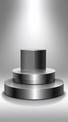 Metallic podium display with three tiered levels under soft spotlight, clean modern design