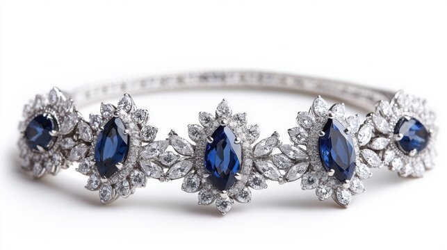 Vintage platinum jewelry set with marquise sapphires and diamond borders on earrings, necklace, and matching ring, isolate on white background