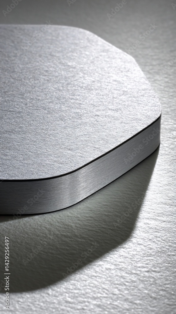 Poster metallic, hexagonal object with a smooth, brushed texture and a dark edge
