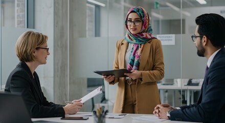 Collaborative Business Discussion: An elegant business team meeting with diverse cultural representation, engaging in a professional dialogue within a modern corporate setting.