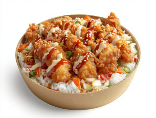 
Create a studio photograph of a cardboard bowl, on a white background. Inside the bowl: This image shows a delicious Asian-inspired rice bowl topped with crispy golden-brown breaded chicken cut into 