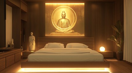 Calm bedroom with Buddha art and warm lighting.