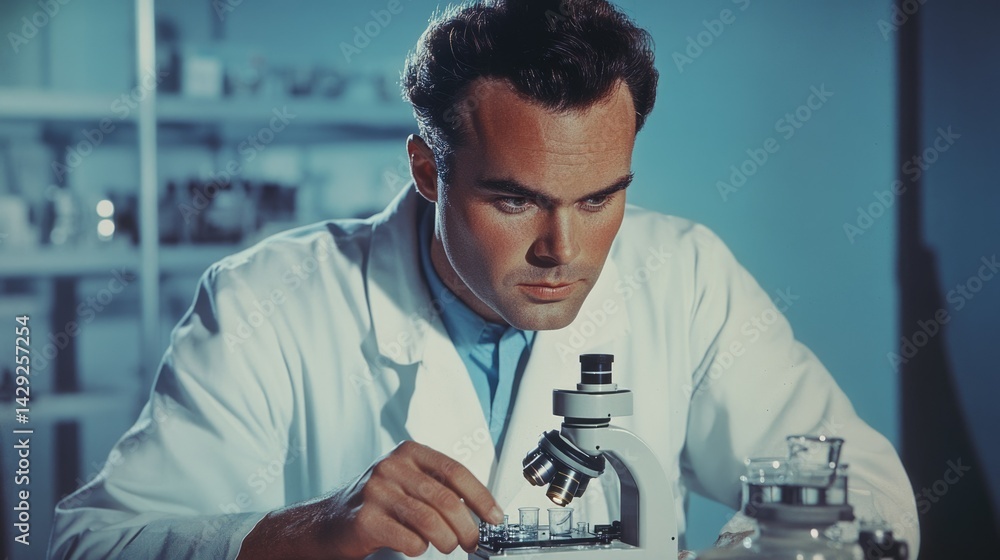 Poster a focused scientist meticulously examines specimens under a microscope in a laboratory setting.