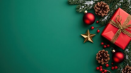 Festive Christmas Decor Green Background Gift Ornaments