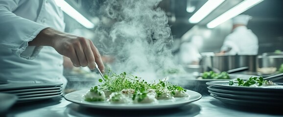 Chef meticulously garnishing a gourmet dish in a professional kitchen setting