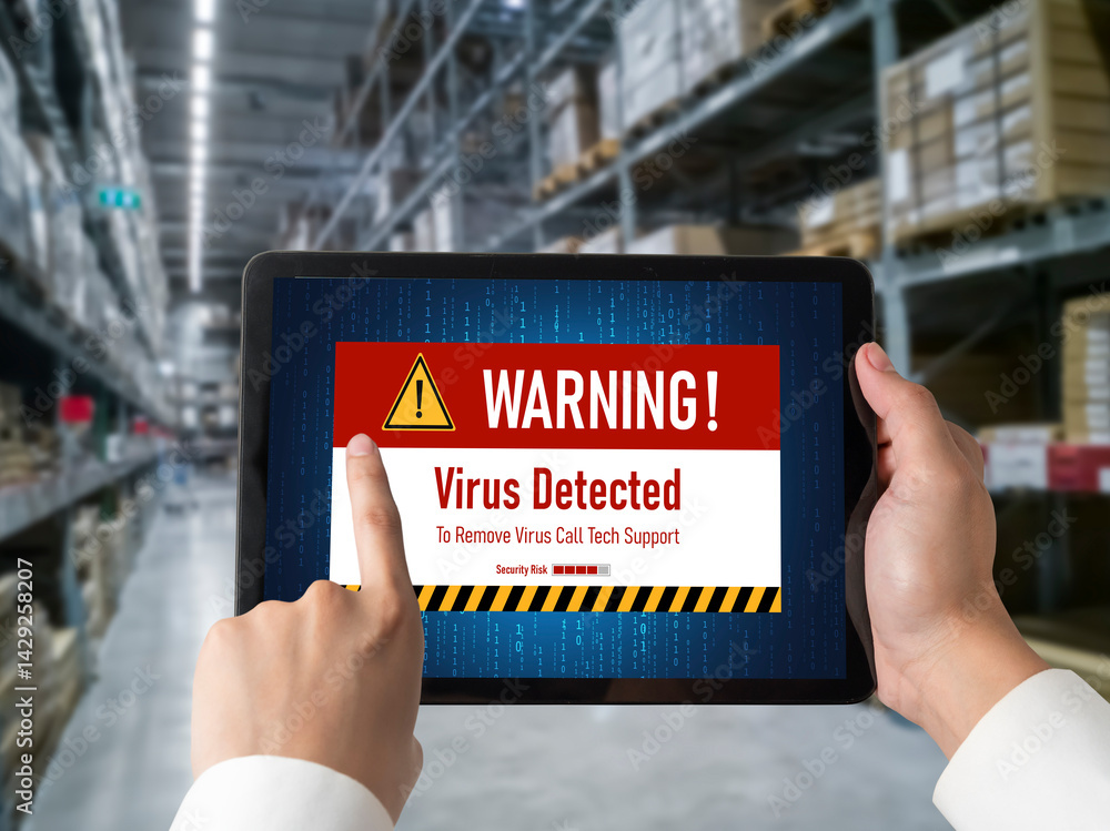 Poster virus warning alert on computer screen detected modish cyber threat , hacker, computer virus and mal
